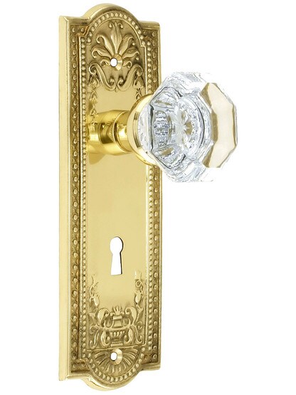 Meadows Style Mortise Lock Set with Waldorf Crystal Door Knobs in Unlacquered Brass.